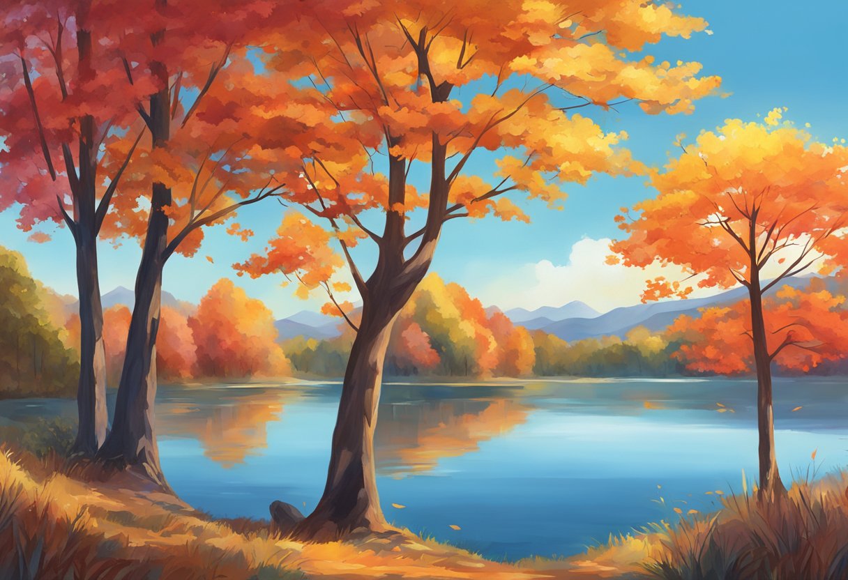 A serene lake surrounded by vibrant trees in various shades of red, orange, and yellow, with a clear blue sky overhead