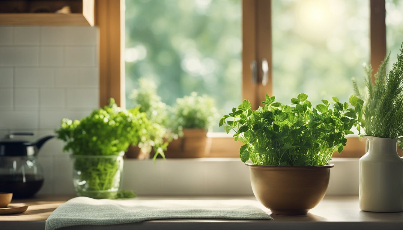 Fresh herbs are spread out on a clean towel in a sunny kitchen. A gentle breeze wafts through the open window, drying the herbs naturally