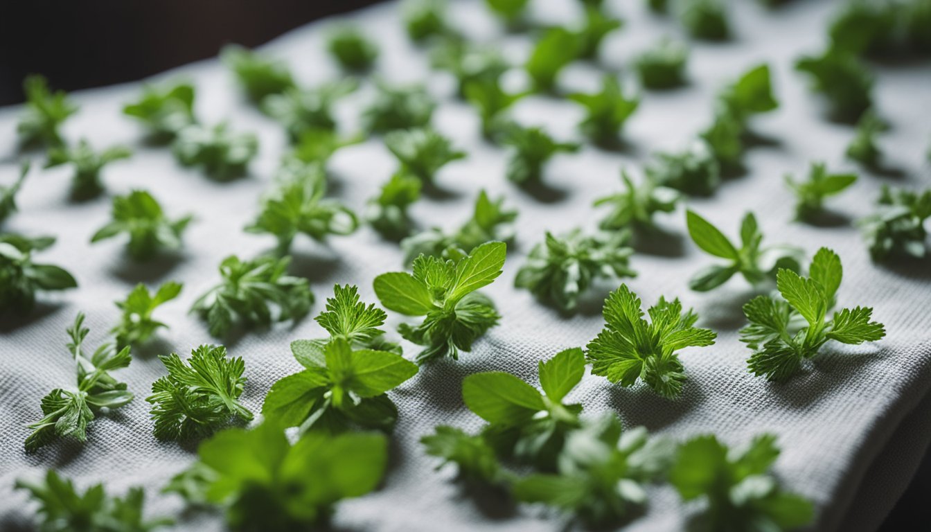 Fresh herbs are spread out on a clean towel in a well-ventilated area. The herbs are evenly spaced and left to air dry for several days until they are crisp and ready for storage