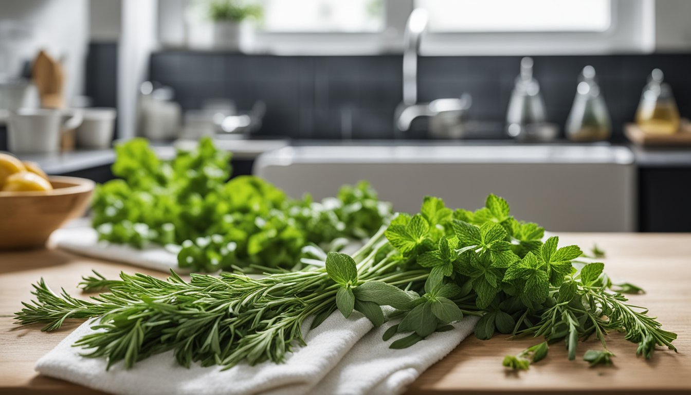 Fresh herbs are laid out on a clean towel in a sunny kitchen. The herbs are spread out evenly and left to dry for several days