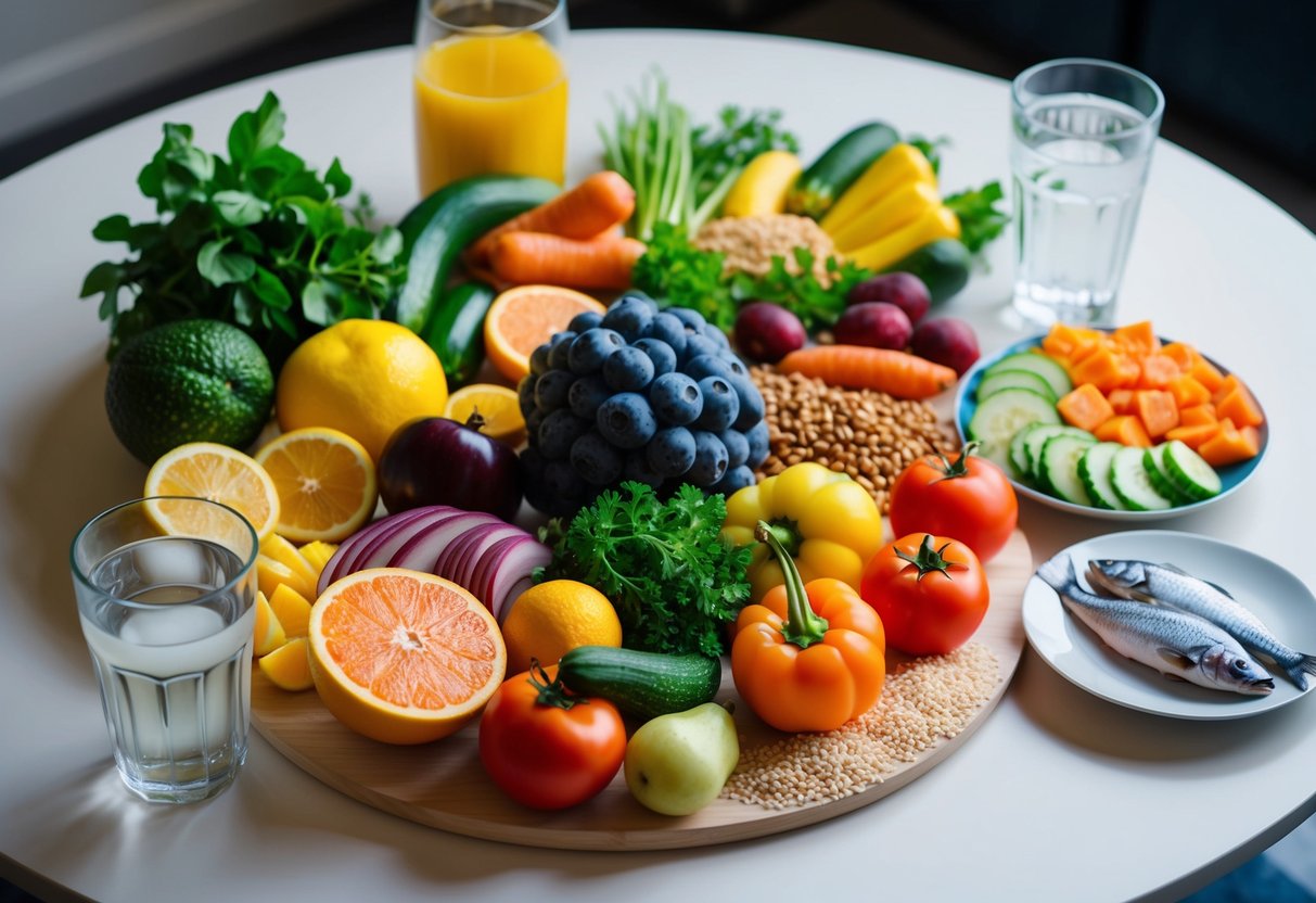 A colorful array of fresh fruits, vegetables, grains, and lean proteins arranged on a table, with a glass of water and a plate of fish