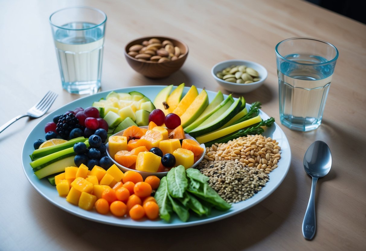 A balanced plate with a variety of colorful fruits, vegetables, grains, and lean proteins, surrounded by a glass of water and a small bowl of nuts and seeds