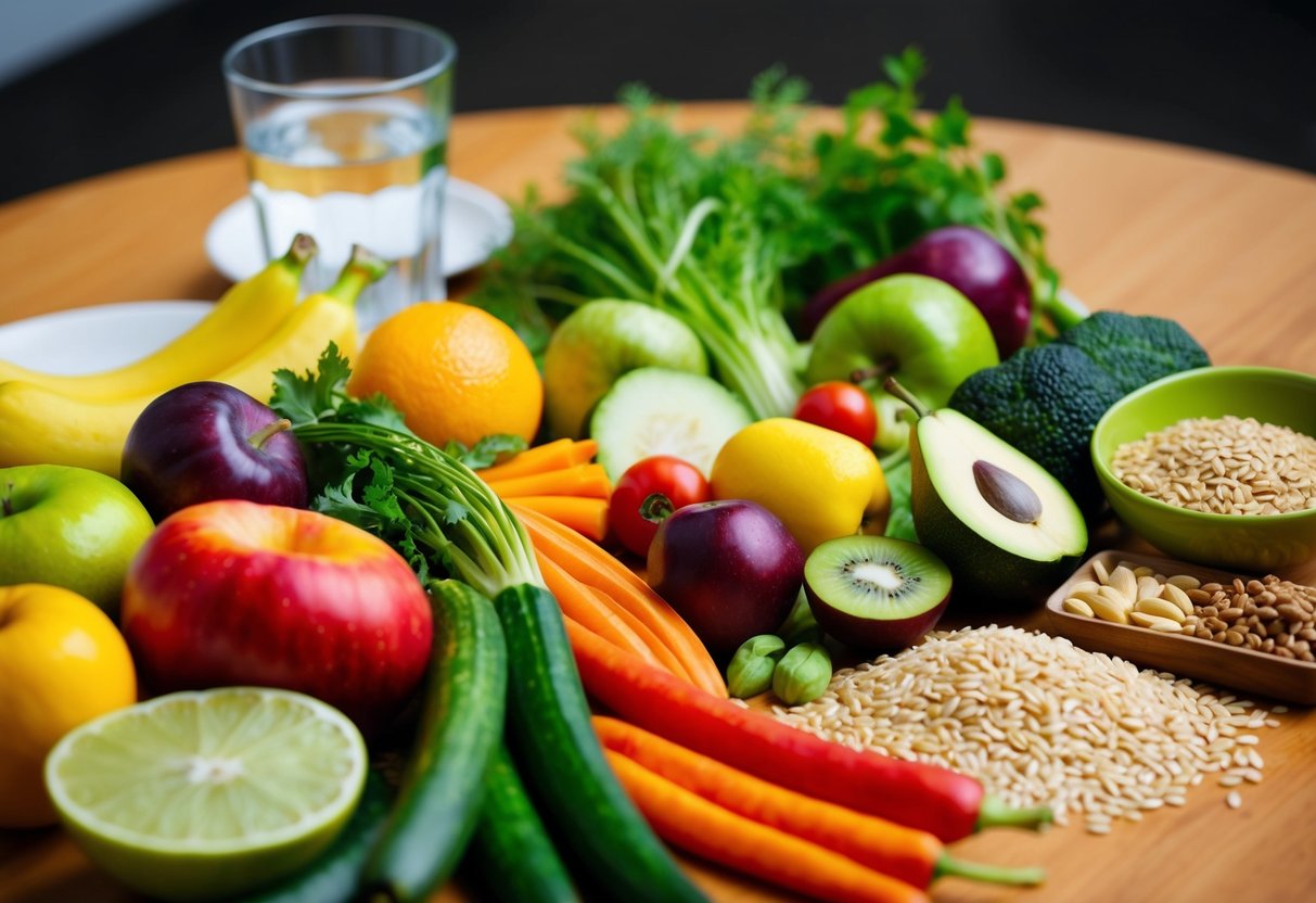 A colorful array of fresh fruits, vegetables, and whole grains laid out on a table, with a glass of water nearby