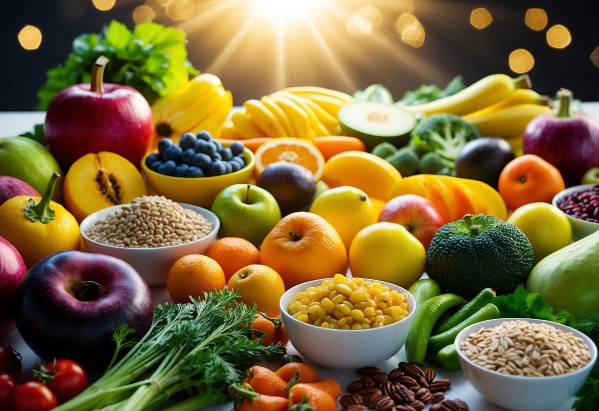 A colorful array of fruits, vegetables, and whole grains arranged on a table, with a glowing halo of light shining down on them