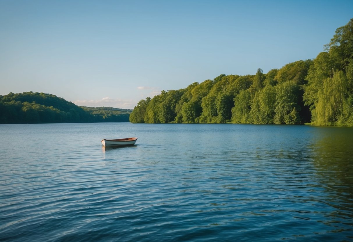 A serene lake with lush greenery surrounding it, a clear blue sky above, and a small boat floating peacefully on the water