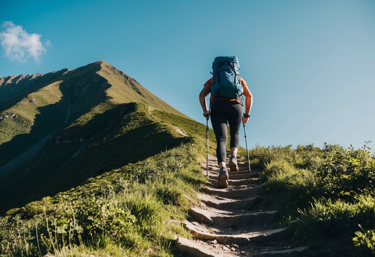 A person hiking up a steep mountain trail, surrounded by lush greenery and a clear blue sky, with a determined expression on their face