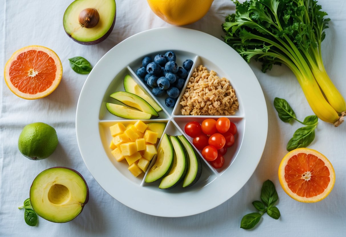 A balanced plate with healthy fats and proteins, surrounded by fresh fruits and vegetables, set on a clean, white tablecloth