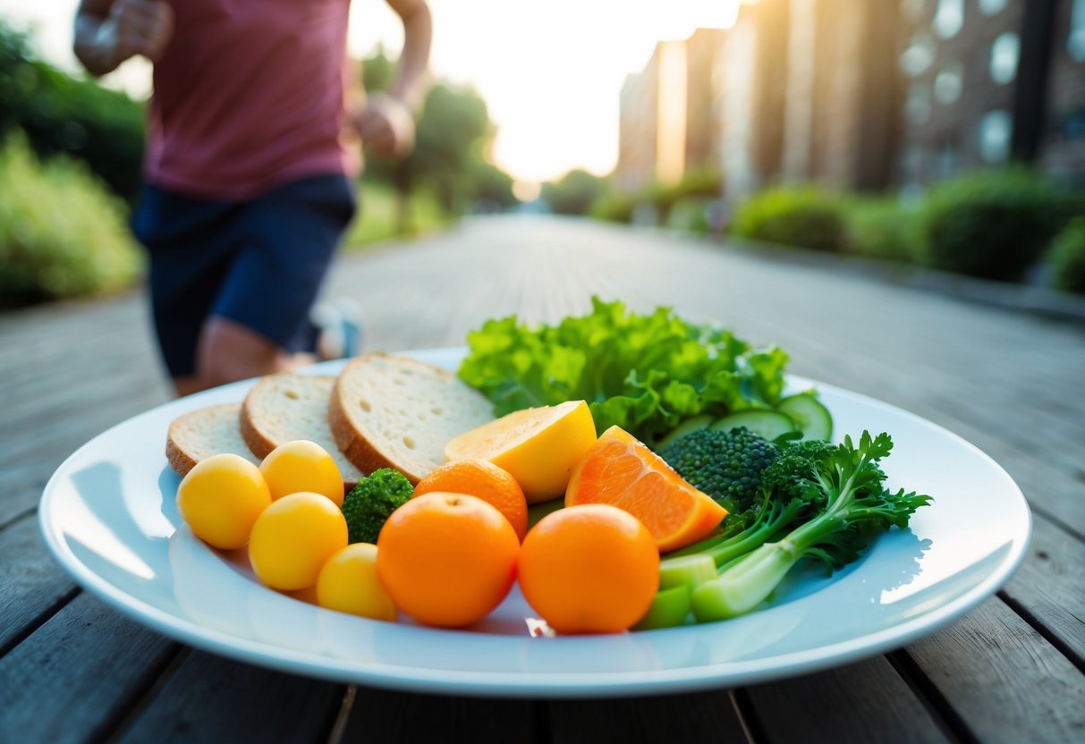 A balanced meal with fruits, vegetables, and lean protein on a plate. A person exercising or going for a walk outside