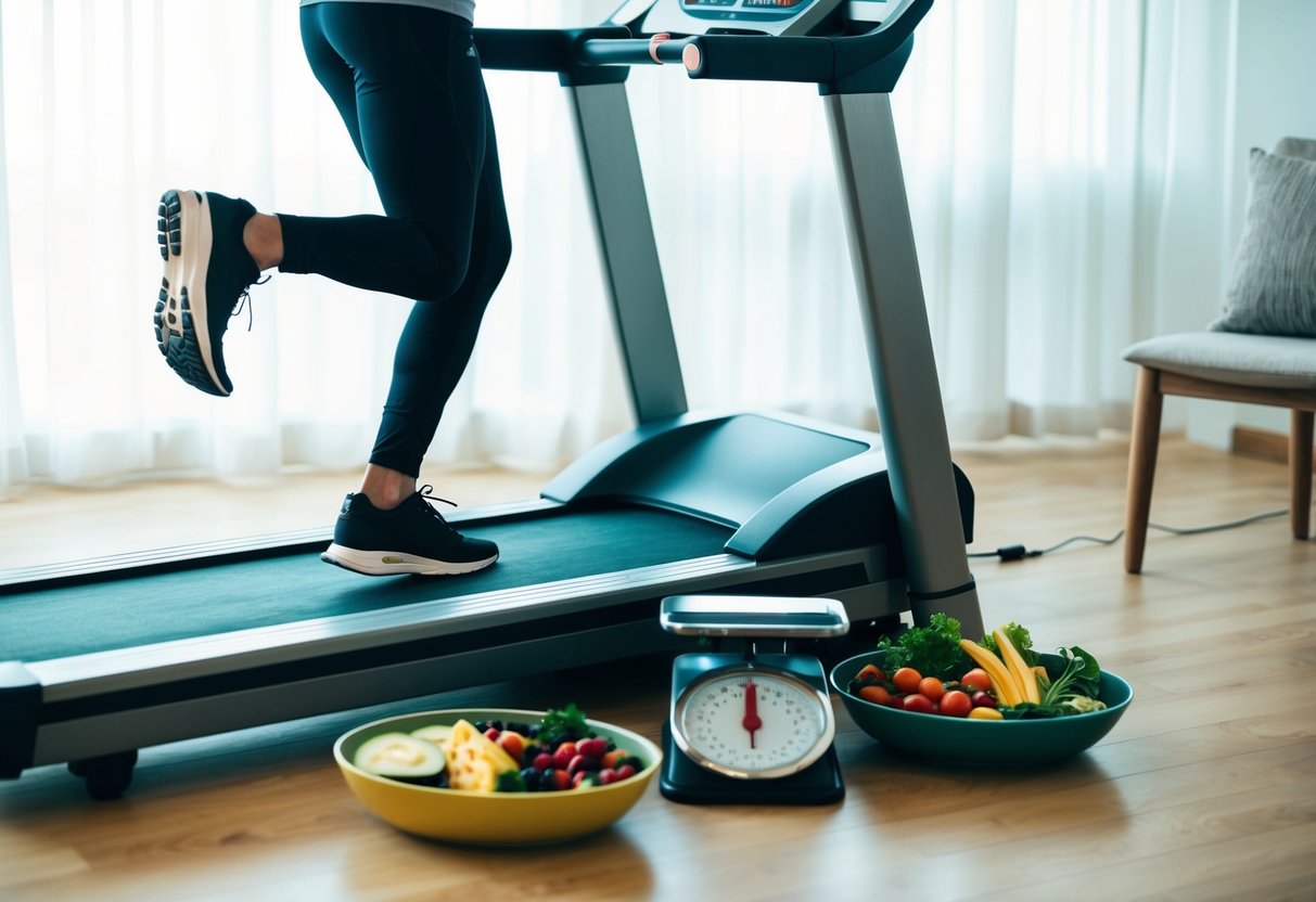 A person running on a treadmill with a determined expression, surrounded by healthy food and a scale, symbolizing the struggle to maintain motivation and lose weight