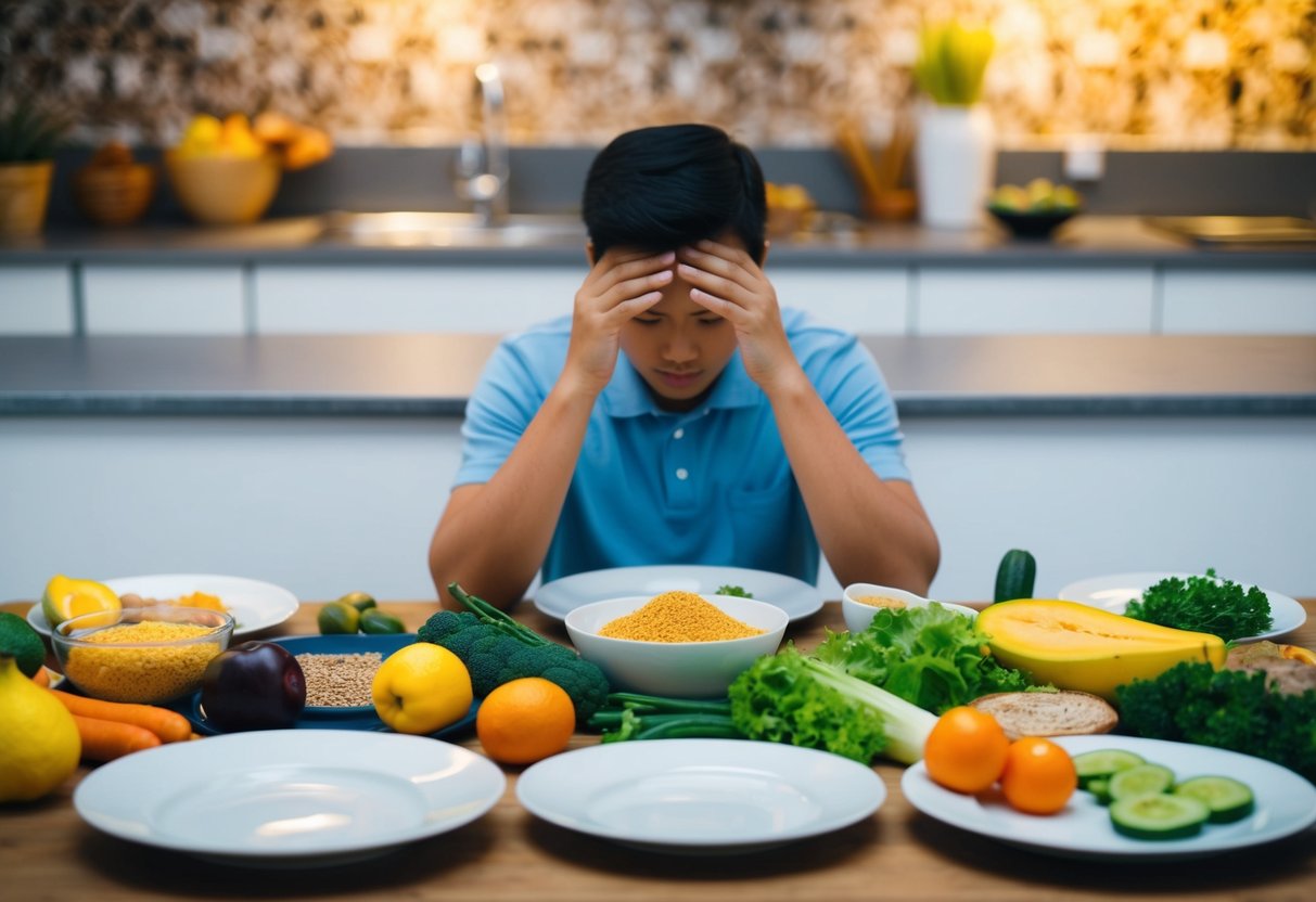 A table filled with various food items, including fruits, vegetables, and grains. A person sitting at the table, surrounded by empty plates, looking uncomfortable