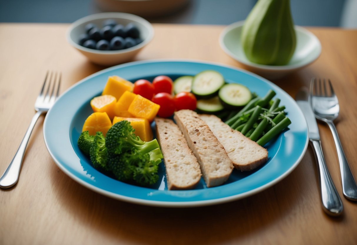 A balanced meal with fruits, vegetables, and lean protein. Avoiding overeating by using smaller plates and mindful eating