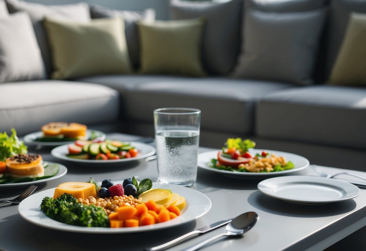 A table set with a variety of healthy and colorful foods, with smaller portion sizes and a glass of water, surrounded by a calm and relaxed atmosphere