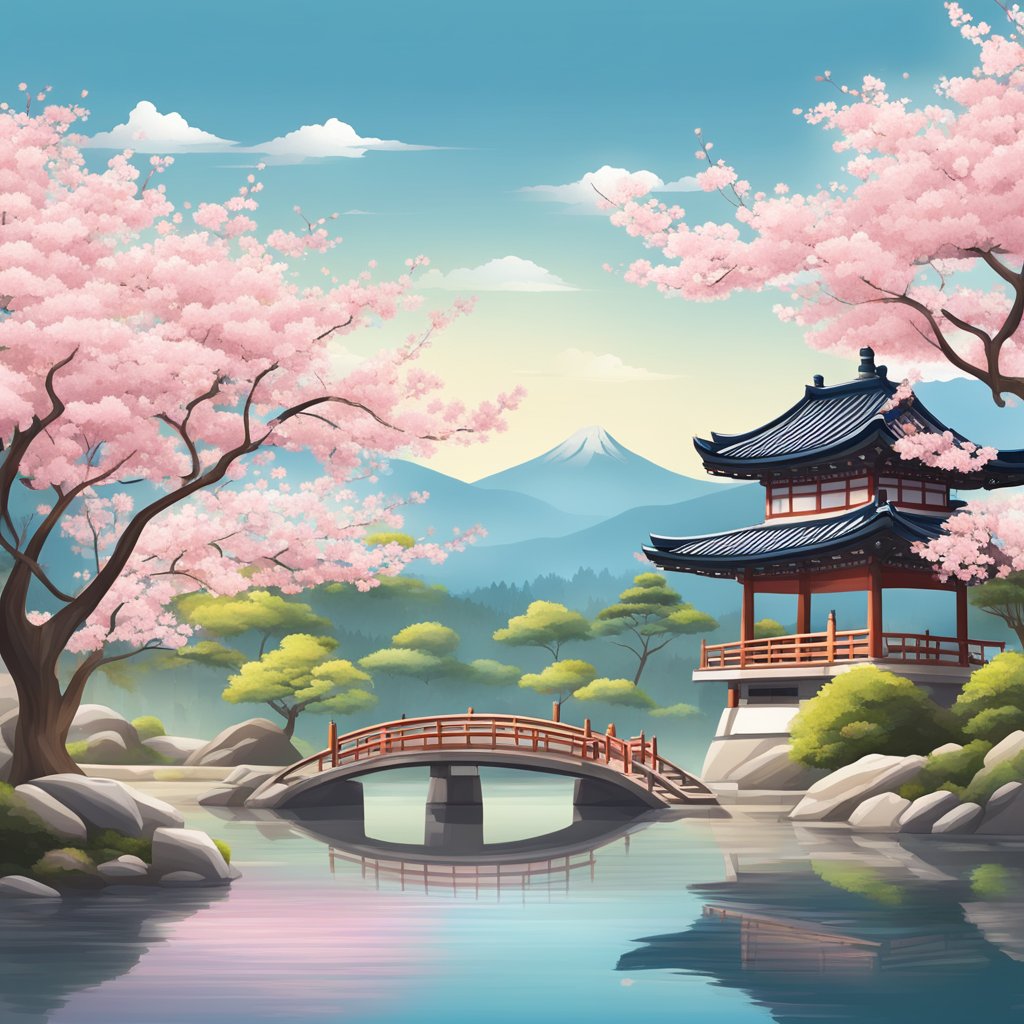 A serene Japanese garden with cherry blossom trees and traditional Korean architecture under a clear blue sky. A peaceful atmosphere with a sense of harmony and longevity