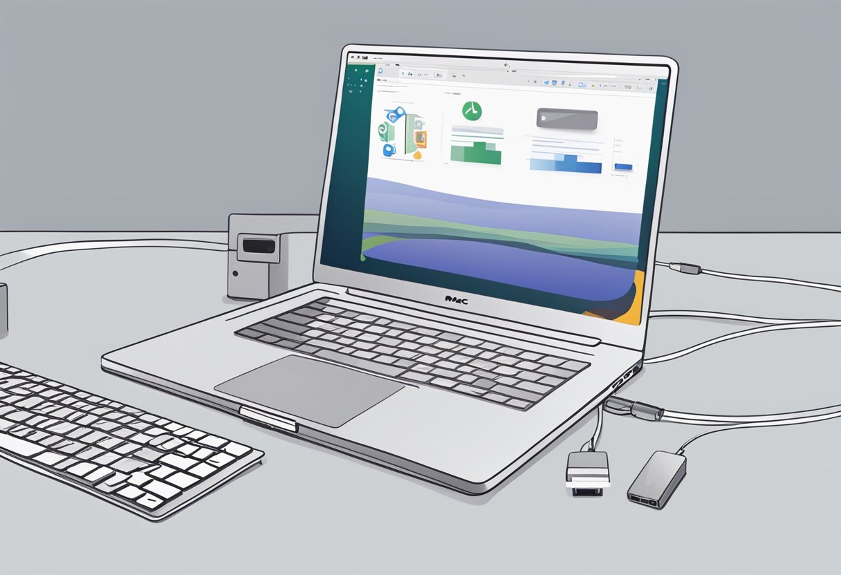 A Mac laptop connected to a projector, displaying a presentation. A "Restore" button is clicked, and the laptop reverts to its previous setup