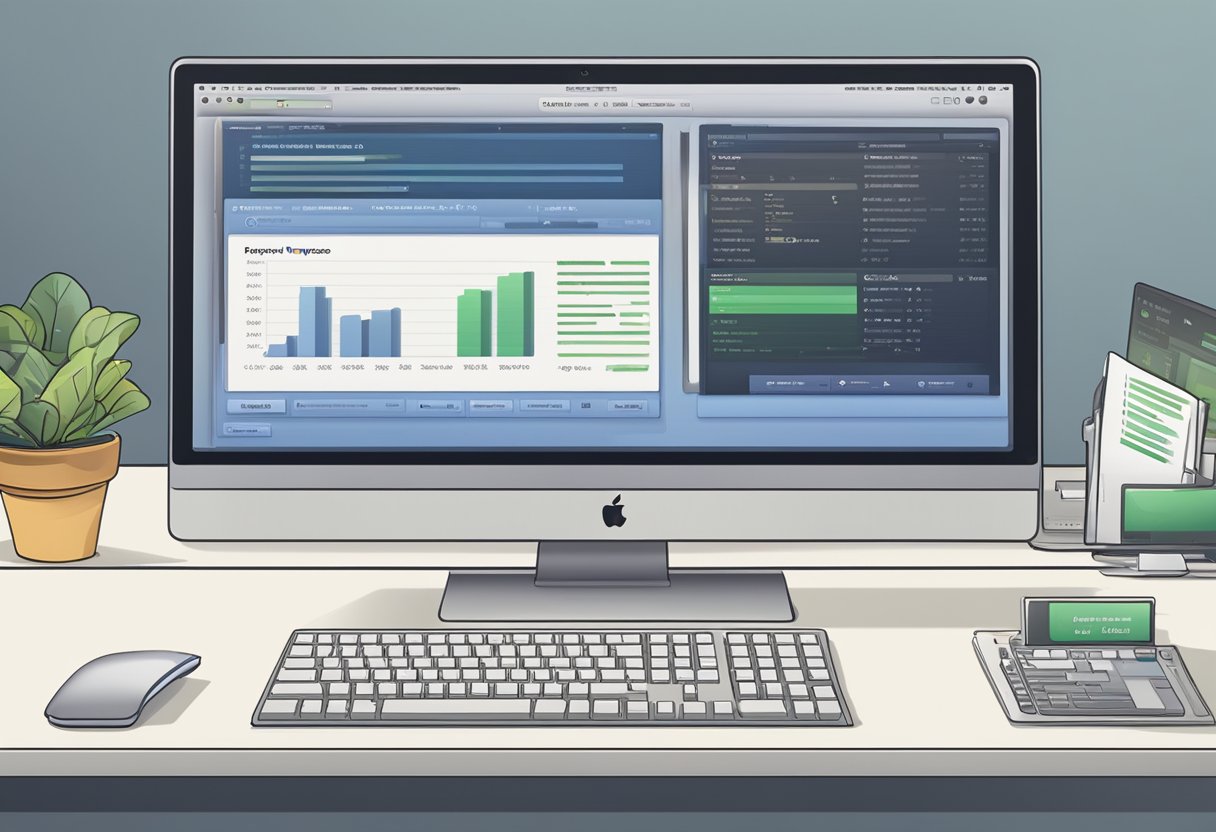 A Mac computer with a presentation setup, displaying a progress bar for data and application restoration. A "Restore in Progress" message is shown on the screen