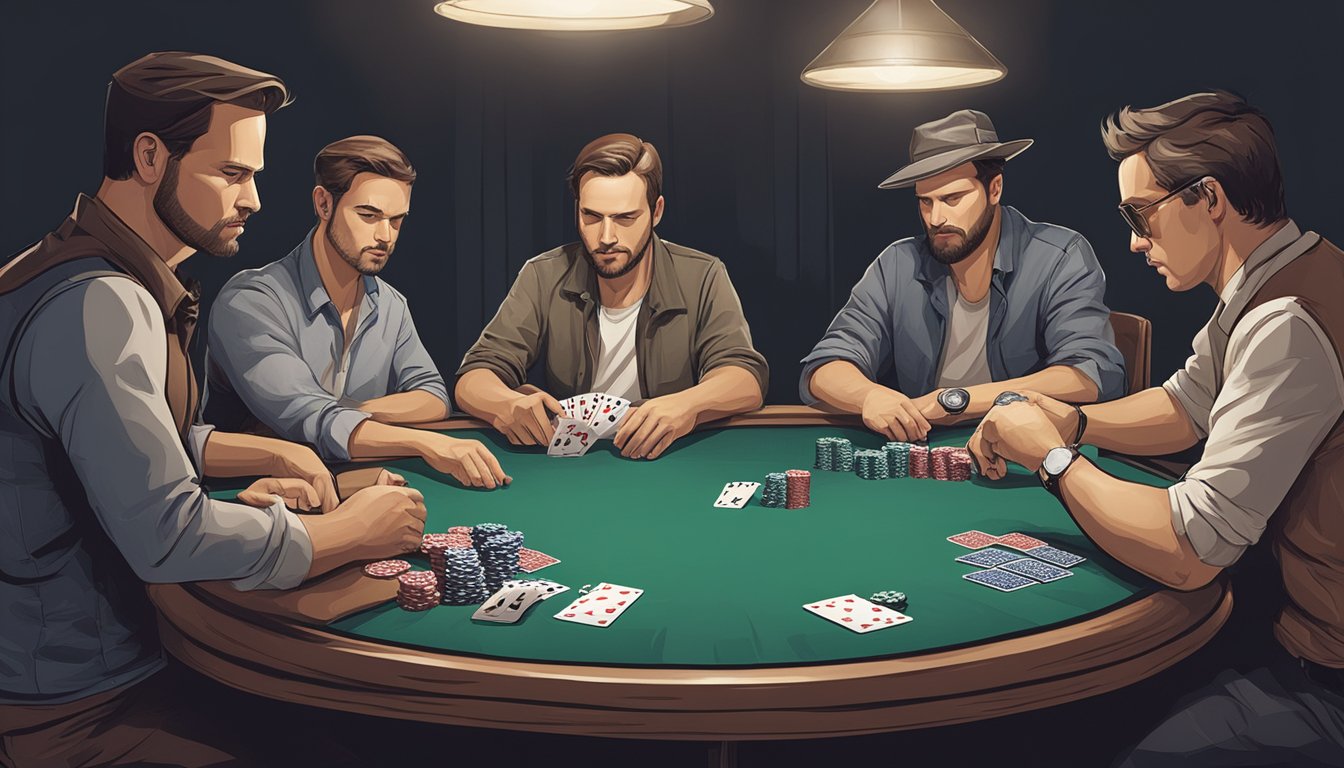 A group of poker players sit around a table, their hands holding and examining their Texas Hold'em playing cards. The tension in the air is palpable as they strategize and bluff