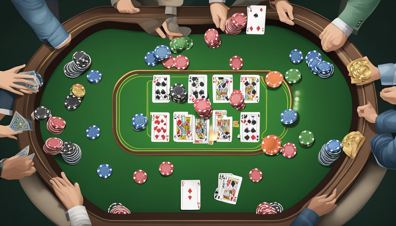 A poker table with chips and cards, surrounded by players