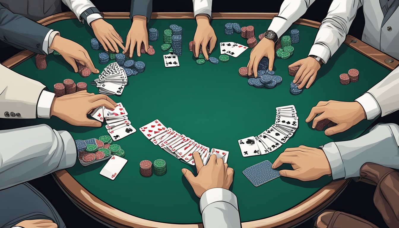 A poker table with players' hands holding cards, chips, and a dealer's deck. The tension is palpable as players strategize their next move in a game of Texas Hold'em