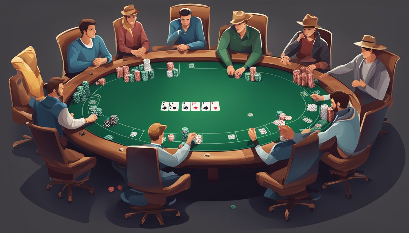 A poker table with Texas Hold'em cards and chips, surrounded by players