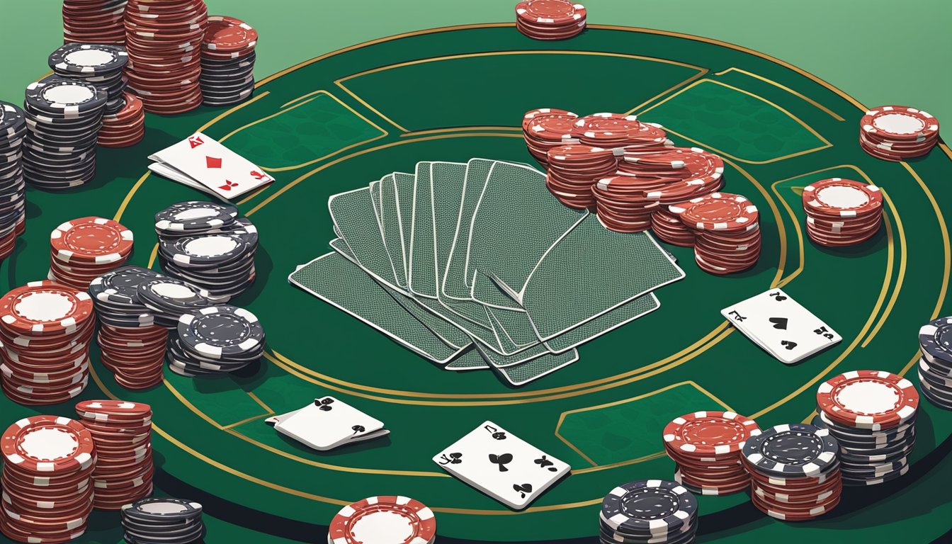 A poker table with stacks of chips and playing cards being dealt out for a game of Texas Hold'em