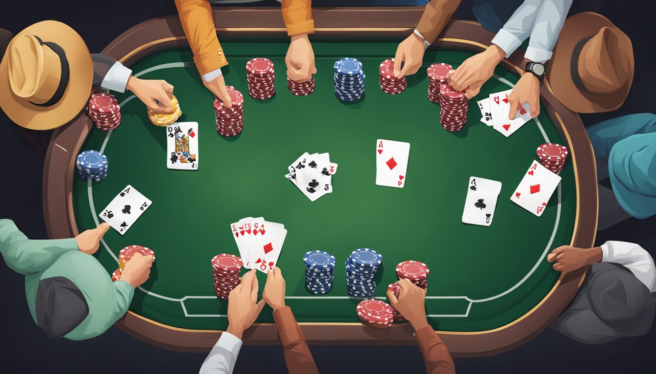 A poker table with cards being dealt, chips stacked, and players with focused expressions