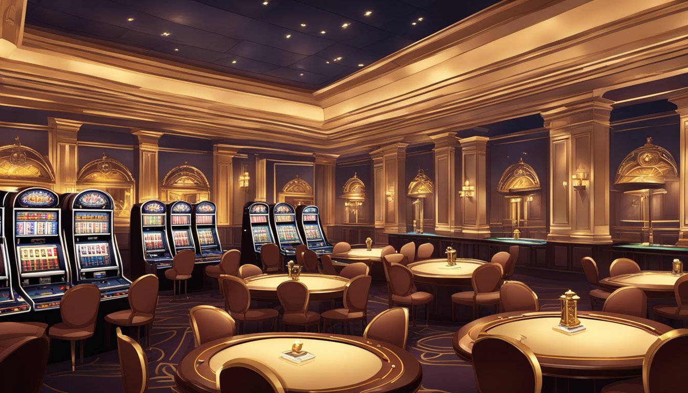 A luxurious casino setting with elegant tables, cards, and chips. The atmosphere is sophisticated and upscale, with a hint of excitement and anticipation in the air