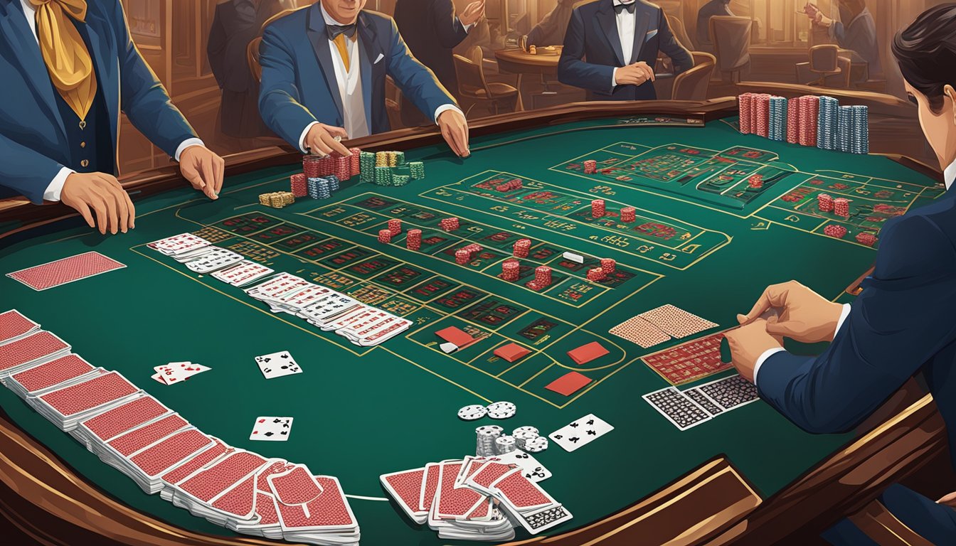 A baccarat table with cards, chips, and a dealer's shoe. Two players place bets while the dealer prepares to deal the cards