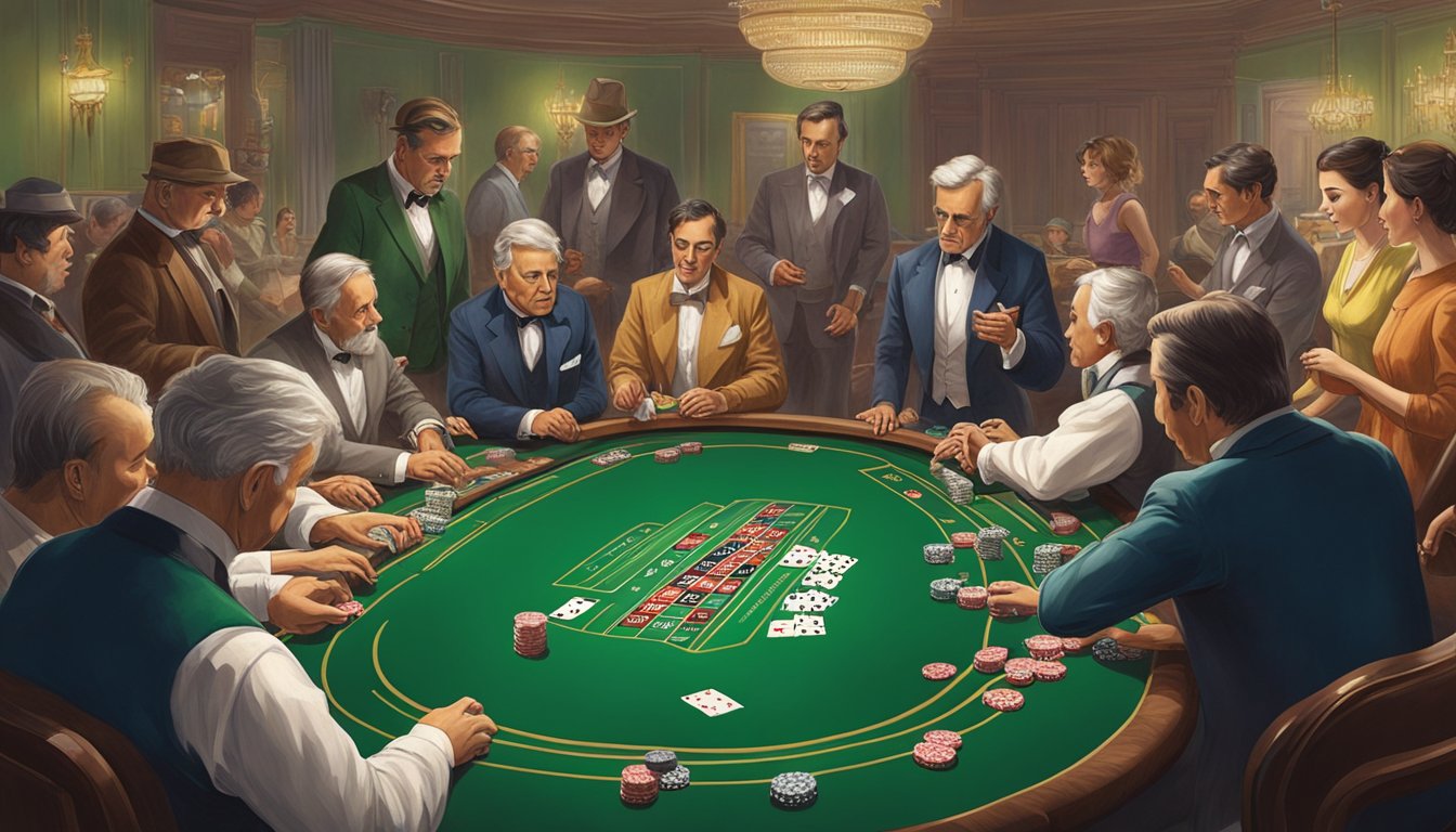 A group of people sit around a green felt table, placing bets and watching intently as the dealer reveals the cards in a game of baccarat. The room is filled with anticipation and excitement