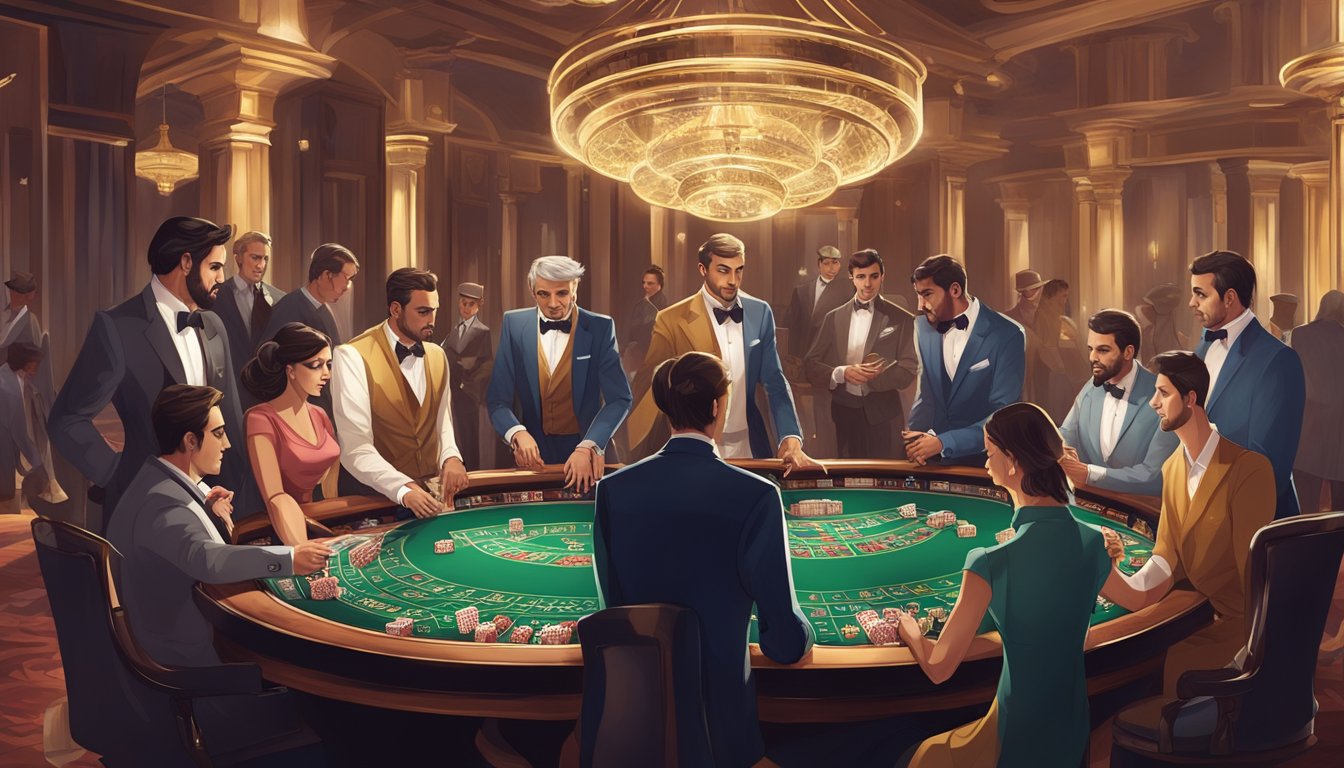 A baccarat table with cards being dealt and chips being placed, surrounded by eager players and a dealer in a luxurious casino setting