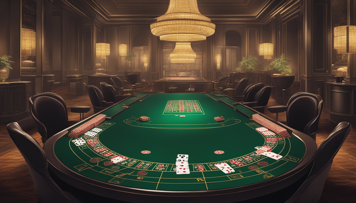 A baccarat table with cards, chips, and a dealer. The room is elegant with dim lighting and a sophisticated atmosphere