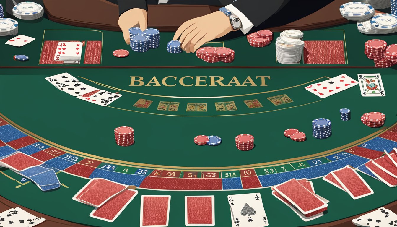 A baccarat table with cards, chips, and a dealer's hands shuffling