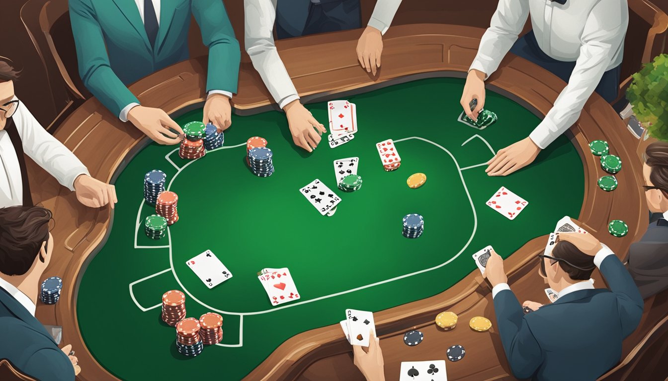 A table with a green felt surface, surrounded by players and a dealer. Cards and chips are scattered across the table