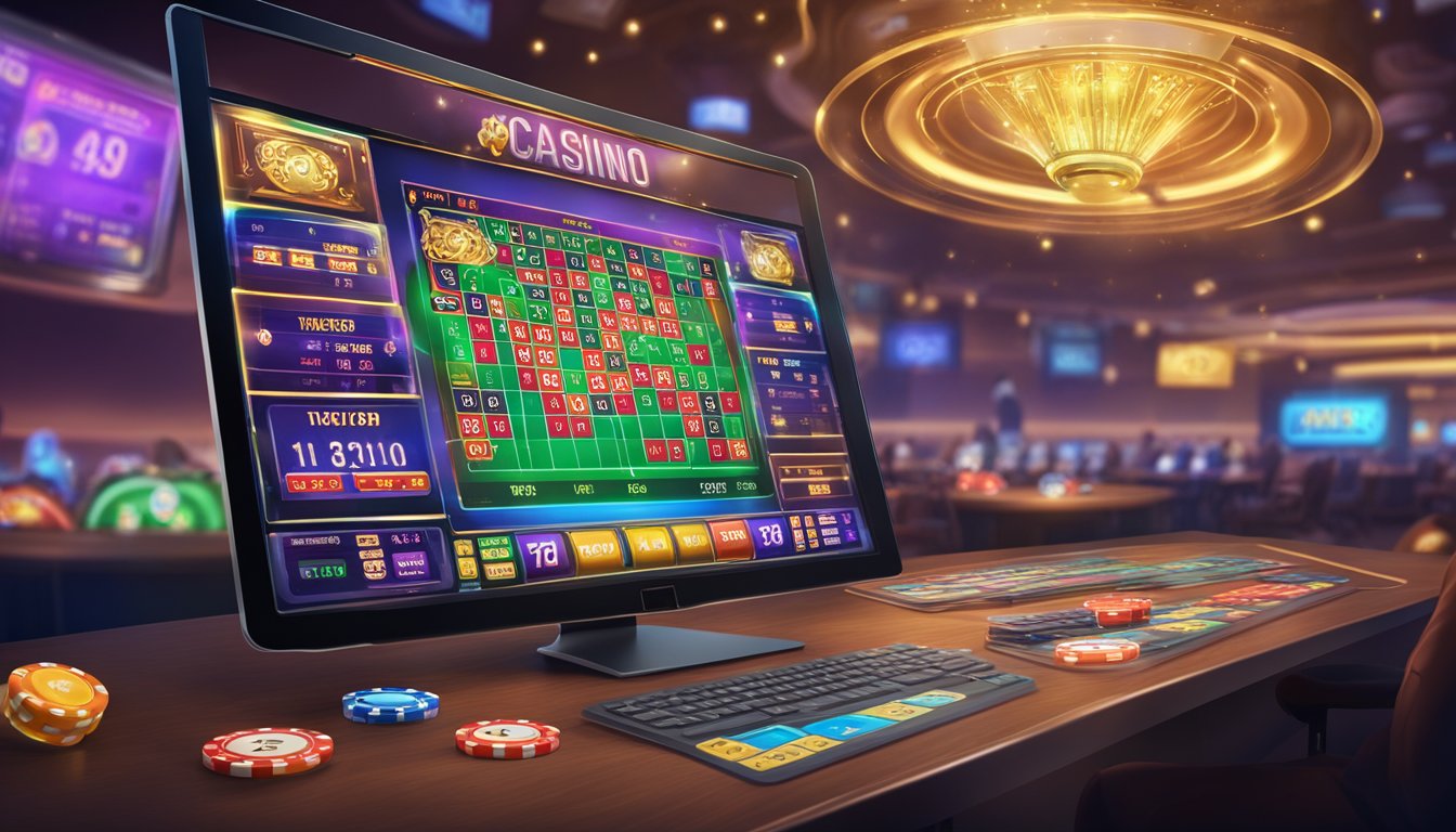 A computer screen with a virtual casino interface, showing various games and betting options. Money symbols and winning numbers are displayed prominently