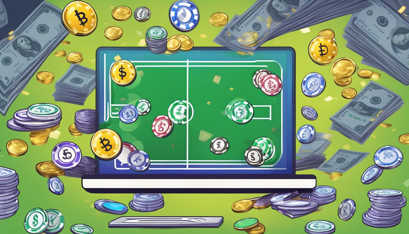 A computer screen displaying various online gambling websites with money symbols and coins scattered around