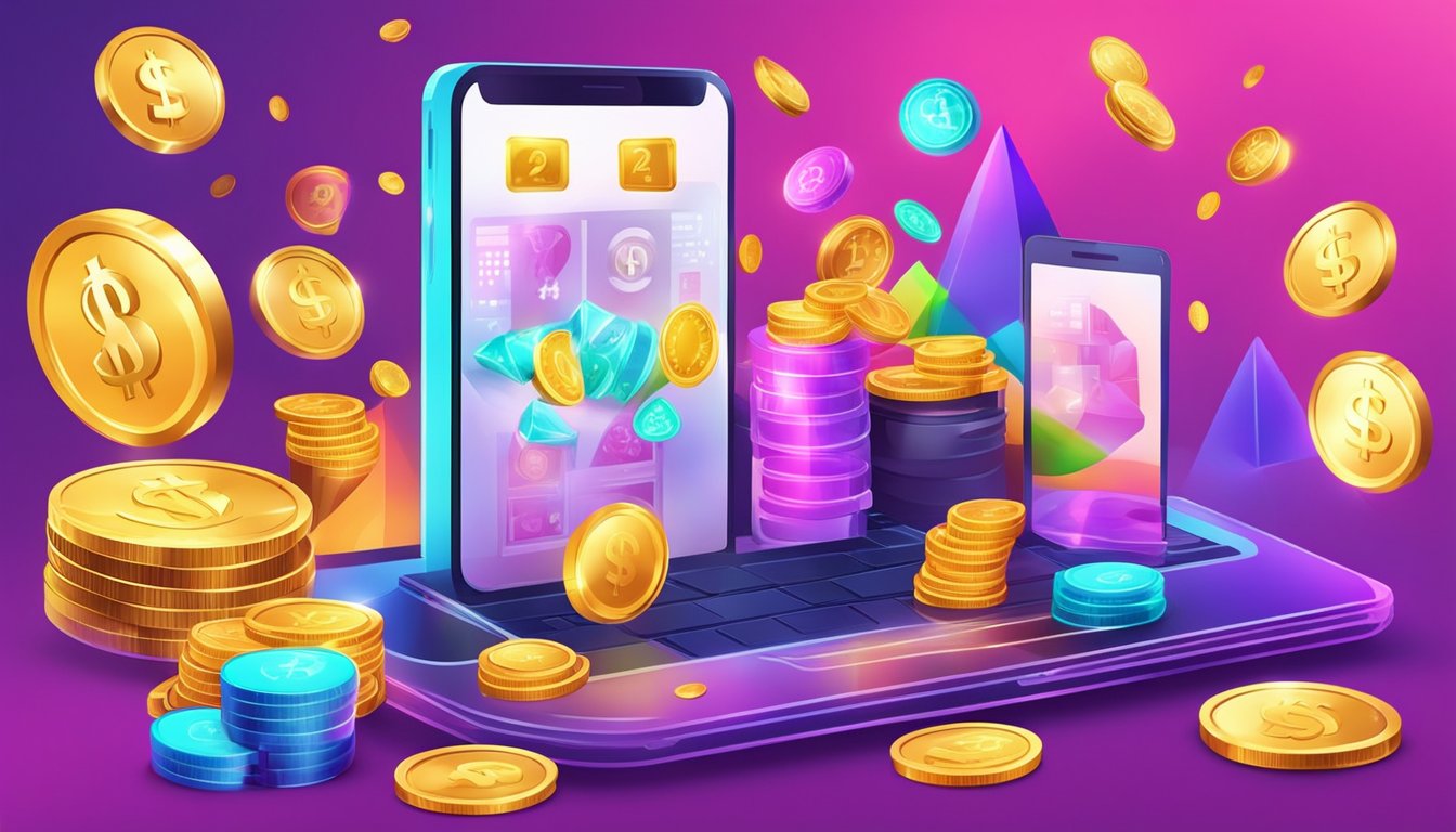 A colorful online gambling platform with reward and promotion banners, surrounded by virtual money and coins