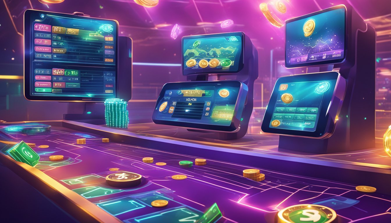 A futuristic setting with virtual gambling platforms and high-tech devices. Money symbols and digital screens indicate online gambling profits