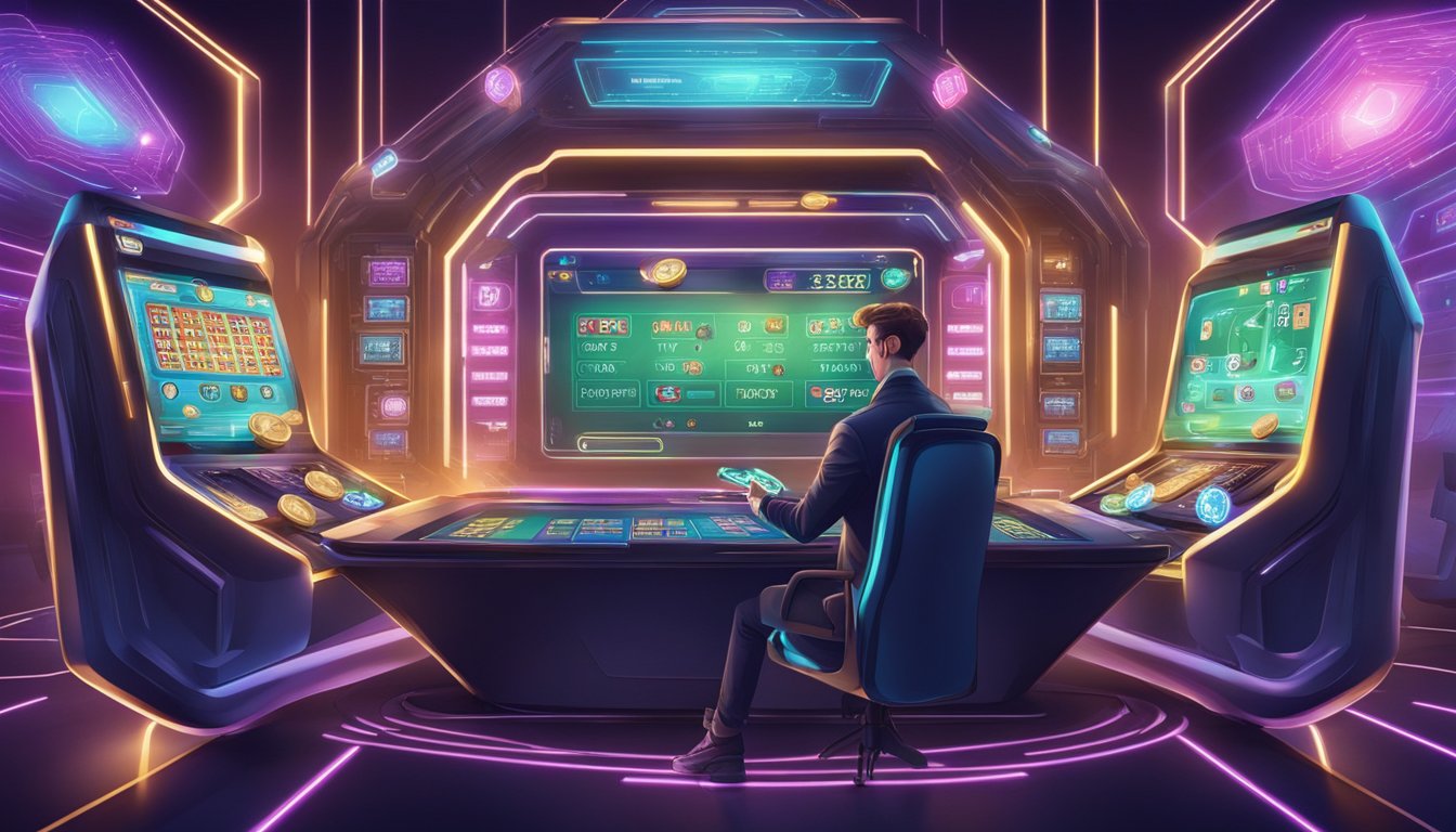 A futuristic online gambling scene with virtual currency and digital interfaces