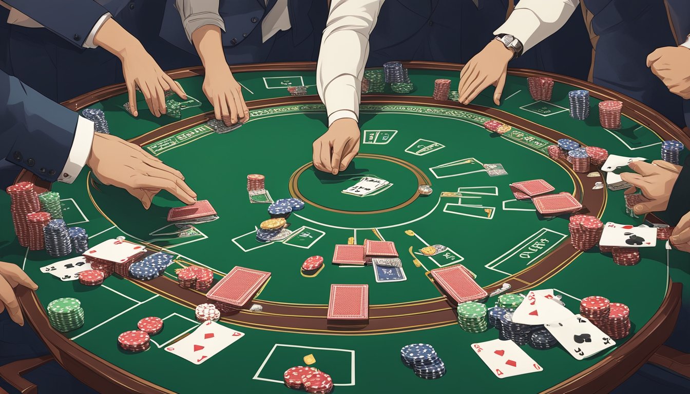 A baccarat table with cards being dealt, chips stacked, and tension in the air