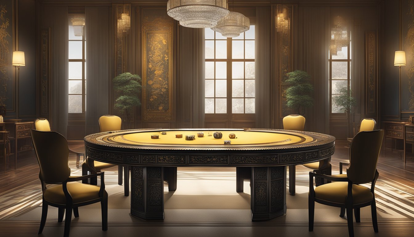 A historic baccarat table with traditional Chinese design and ancient artifacts on display in a dimly lit room