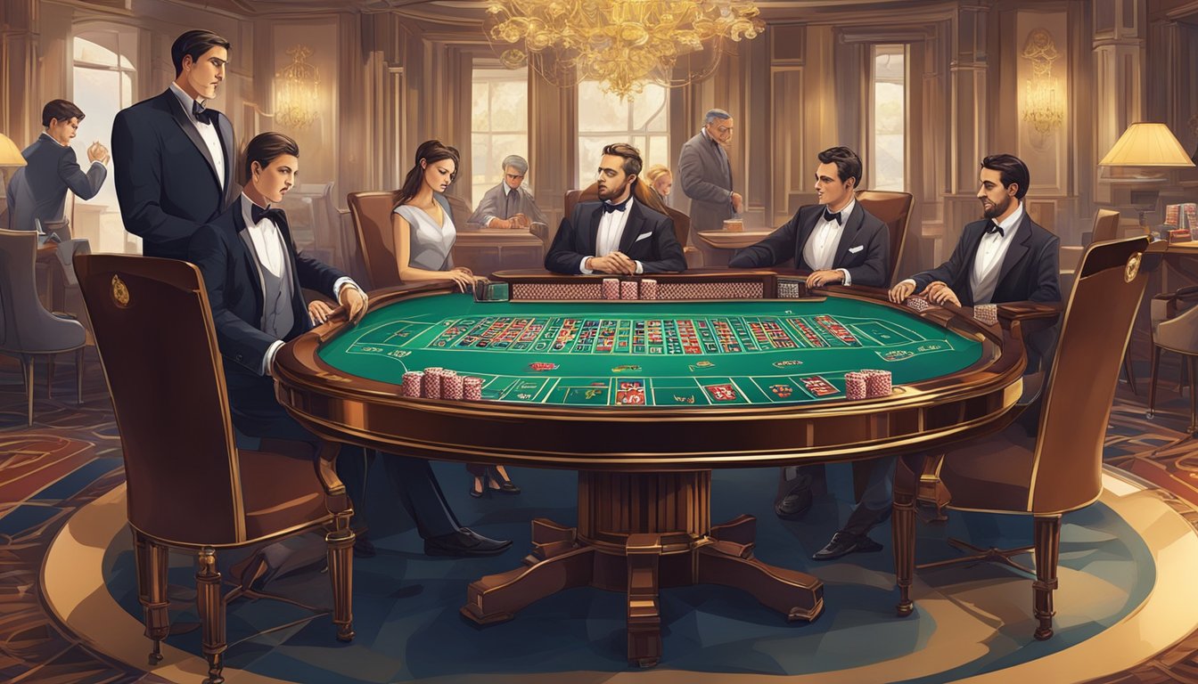 A baccarat table with cards, chips, and a dealer. Two players place bets while others watch. The atmosphere is elegant and sophisticated