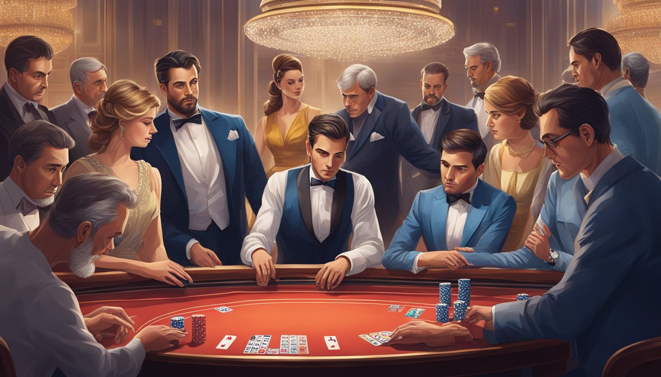 A group of people gathered around a baccarat table, watching the game intently with focused expressions. The dealer shuffles the cards as the tension in the room grows