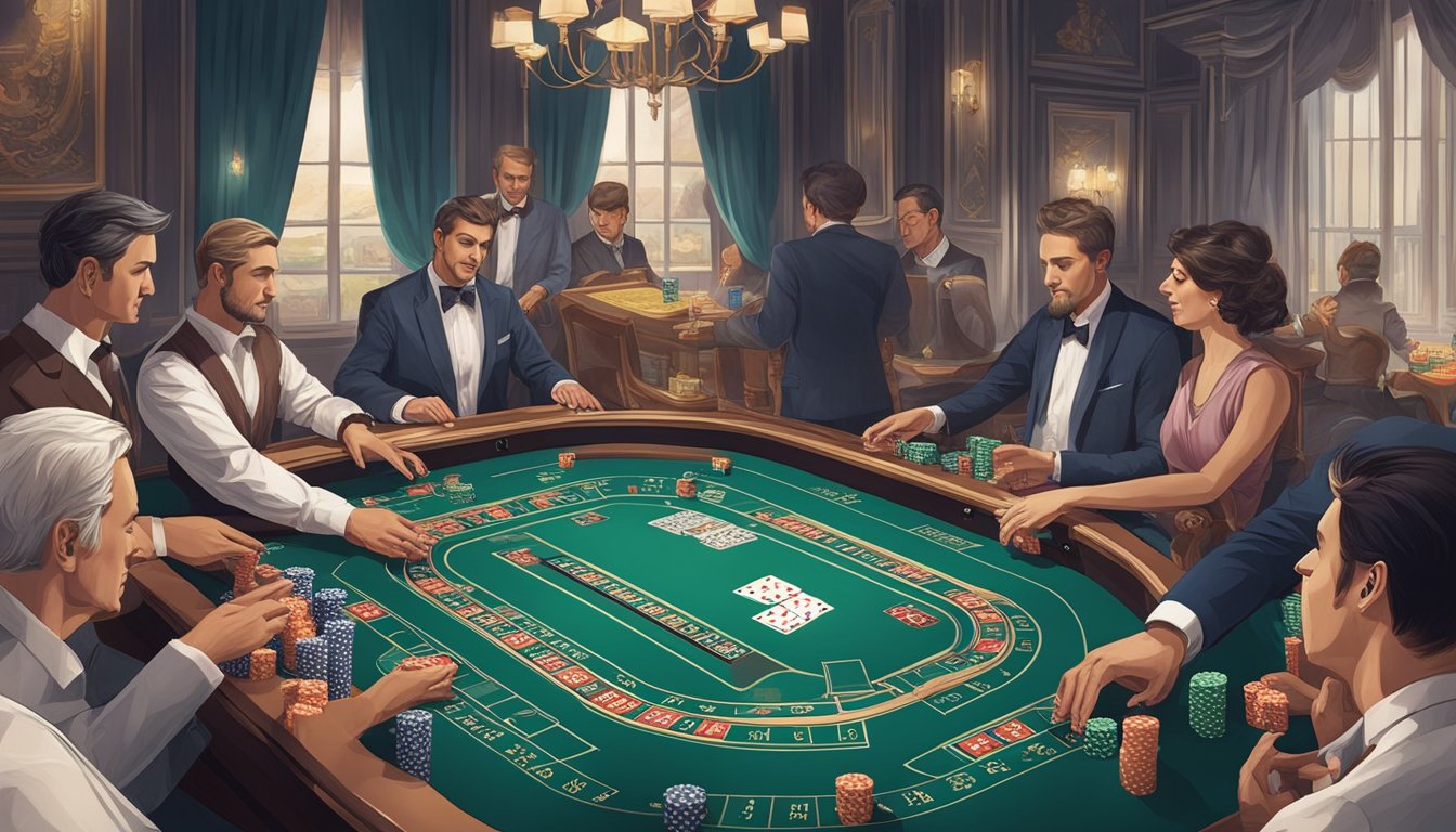 A baccarat table with cards being dealt, chips stacked, and players eagerly anticipating the outcome. The dealer's hands are in motion as the tension in the room builds