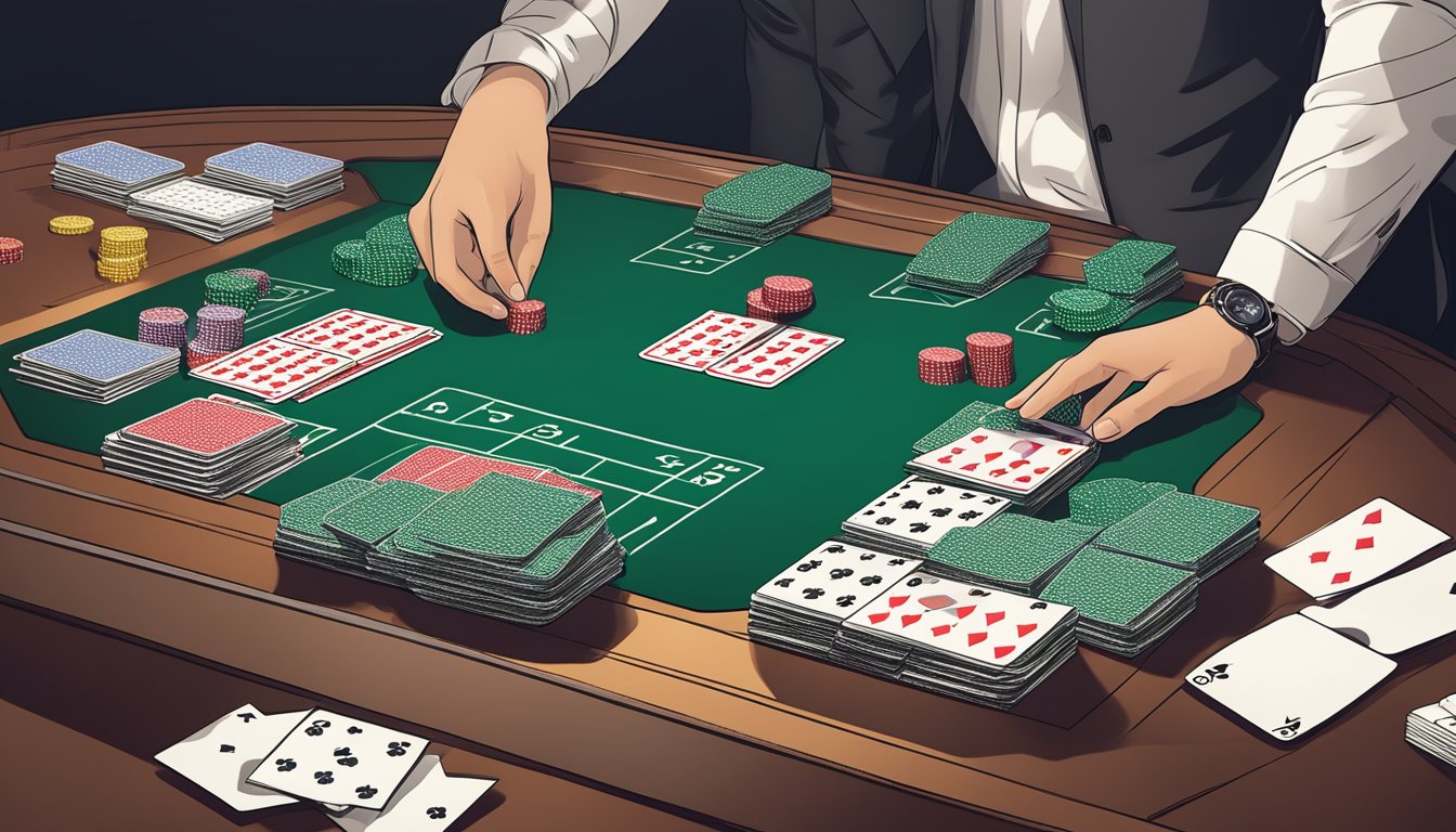 A baccarat table with chips stacked neatly, a hand holding cards, and a prediction chart