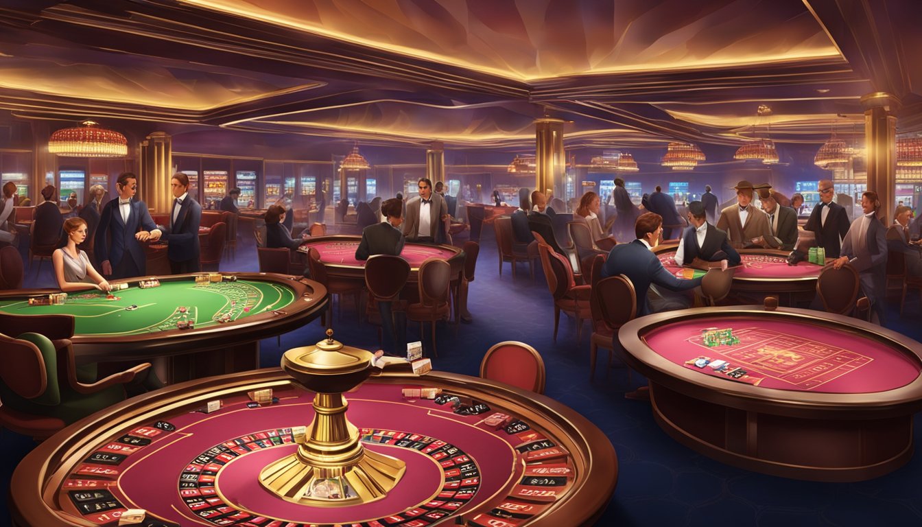 A vibrant casino setting with a baccarat table, chips, and cards. The atmosphere is lively with players and dealers interacting