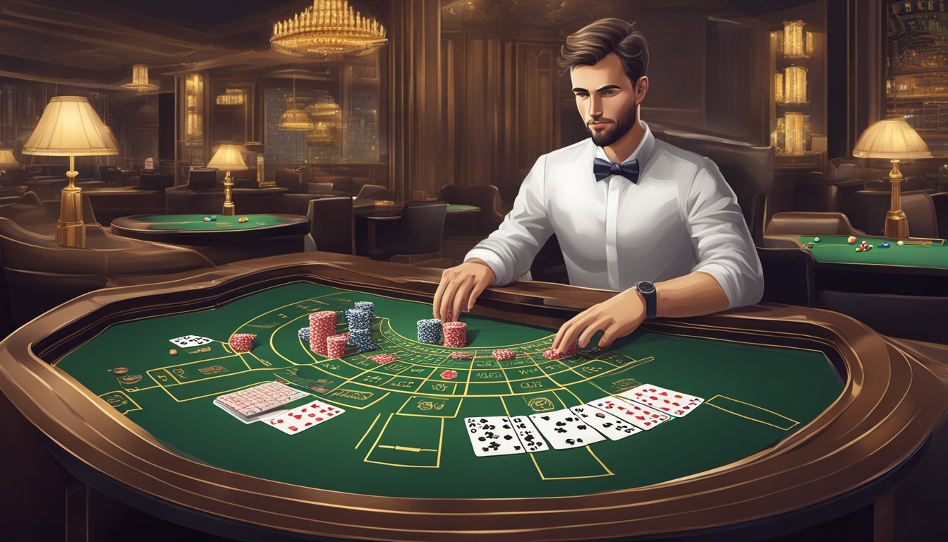 A professional baccarat player studying game patterns and making predictions using statistical analysis and strategy