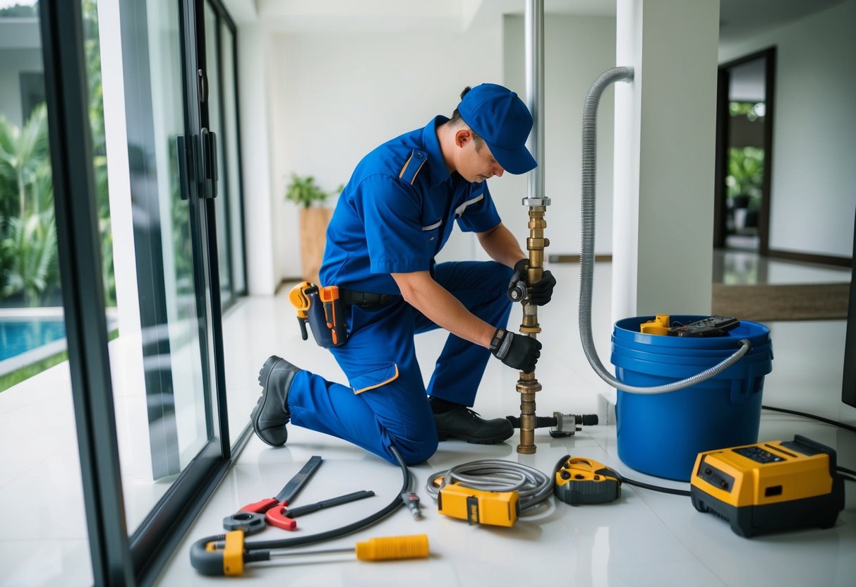 A plumber in uniform working on a pipe in a modern Malaysian home. Tools and equipment scattered around the work area