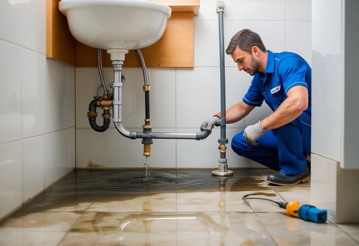 A leaking pipe in a bathroom with water pooling on the floor, a clogged sink with dirty water backing up, and a plumber working on fixing the issues