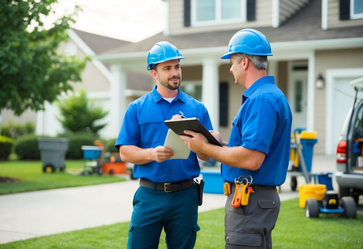 A plumber standing in front of a house, holding a clipboard and discussing prices with a homeowner. Various tools and equipment are visible in the background