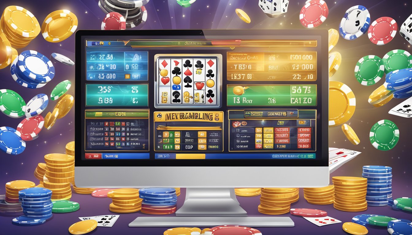 A computer screen with various gambling symbols and a misleading advertisement