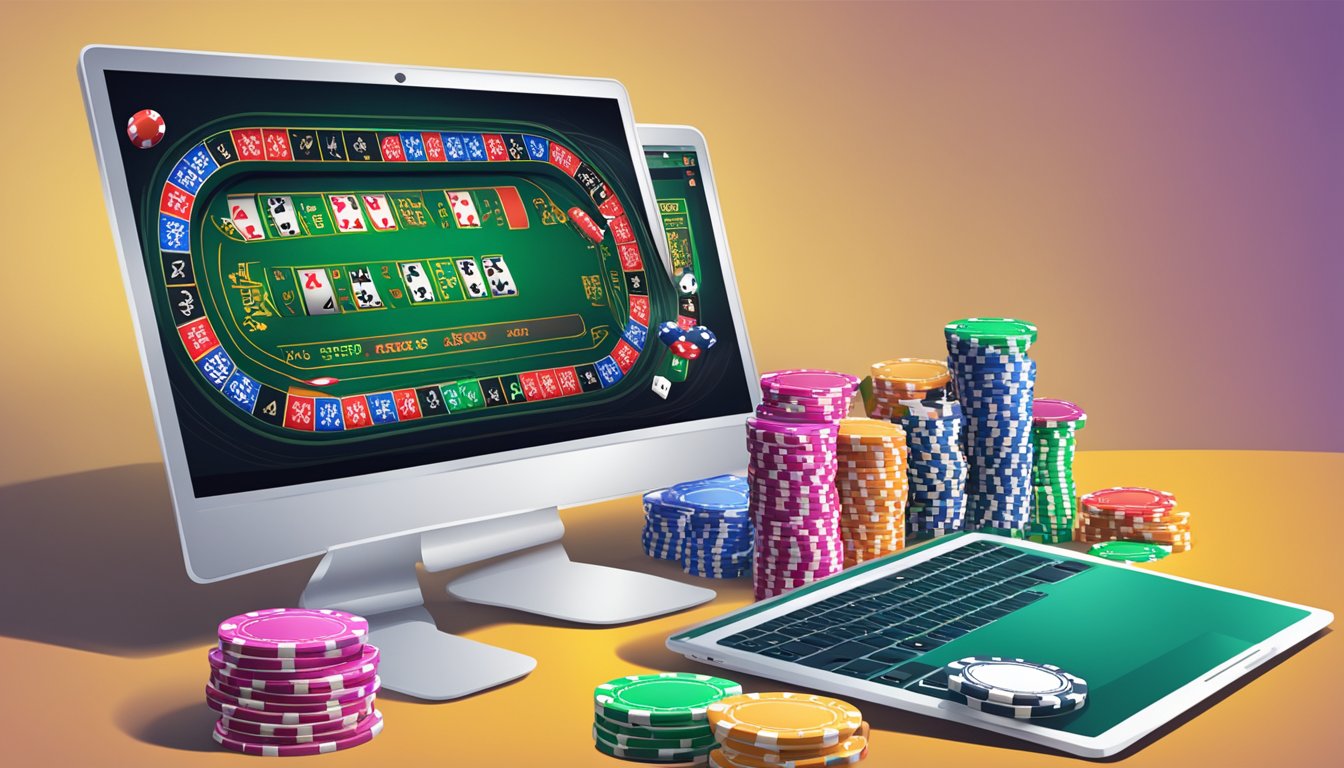 A computer screen with various gambling websites open, surrounded by stacks of poker chips and a spinning roulette wheel